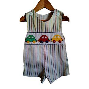 Vintage 80s 90s Toddler Striped Overalls with Car Appliqué & Button Closures